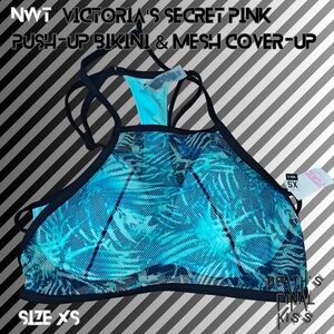 Victoria's Secret PINK Aqua Black Caged Push-up Bikini Top & Teal Mesh Cover-up